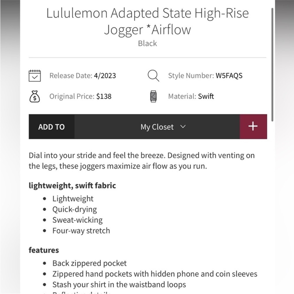 Lululemon Adapted State High Rise Jogger *Airflow” Leg Slits Black Color SZ 10 - Picture 12 of 16